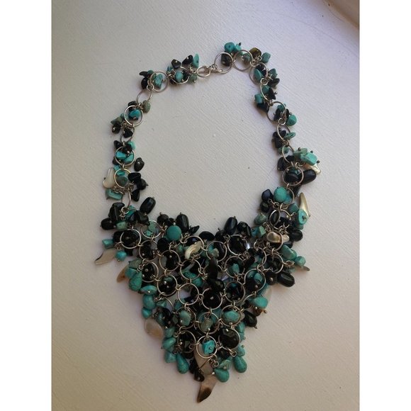 Black Obsidian/ Blue Dyed Howlite/Faceted Crystal/Shell Statement Bib Necklace - Picture 6 of 6
